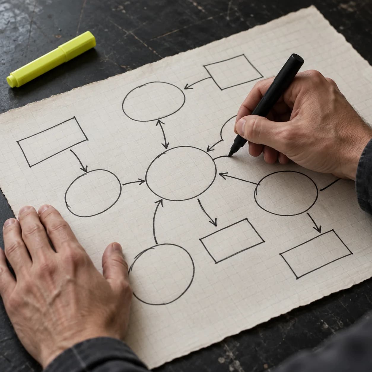 Hands sketching a positioning diagram of circles and arrows on grid paper, a lime highlighter beside it.