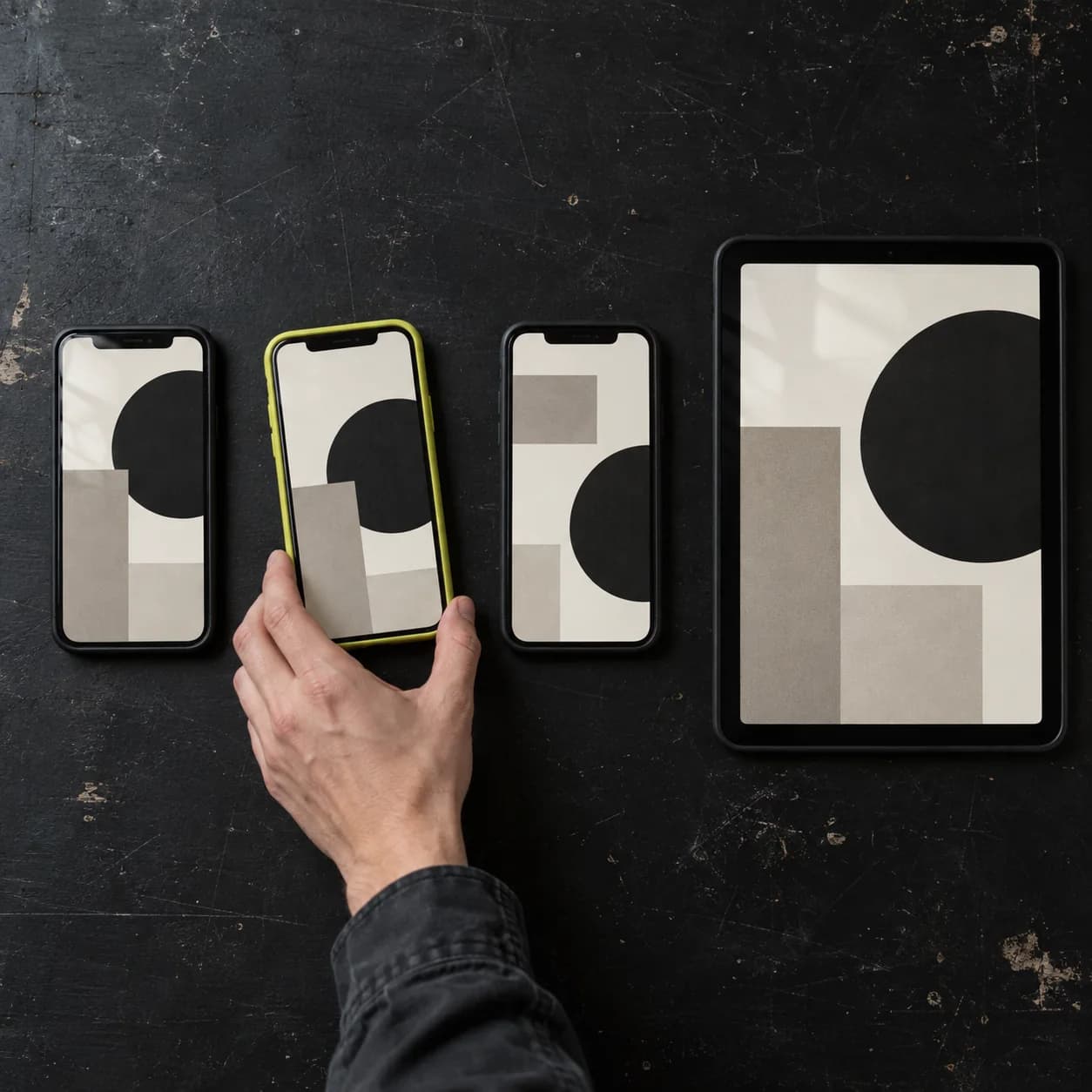 A hand aligning three phones and a tablet showing one campaign visual adapted to each format.