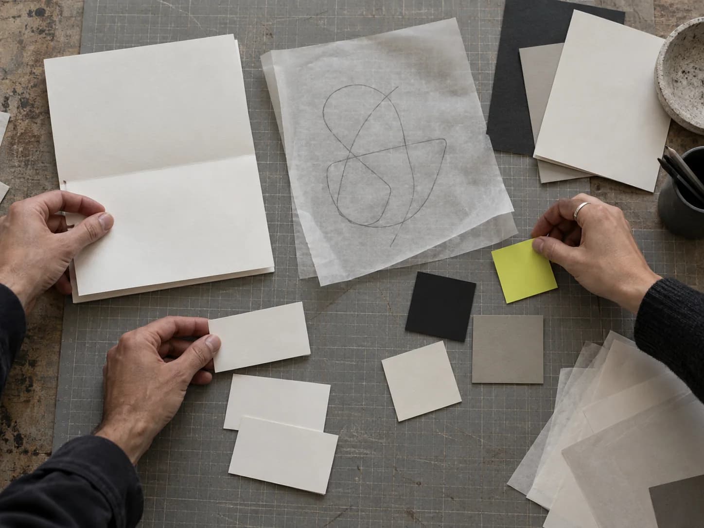 Hands arranging blank stationery, colour swatches and a pencil sketch on tracing paper across a cutting mat.