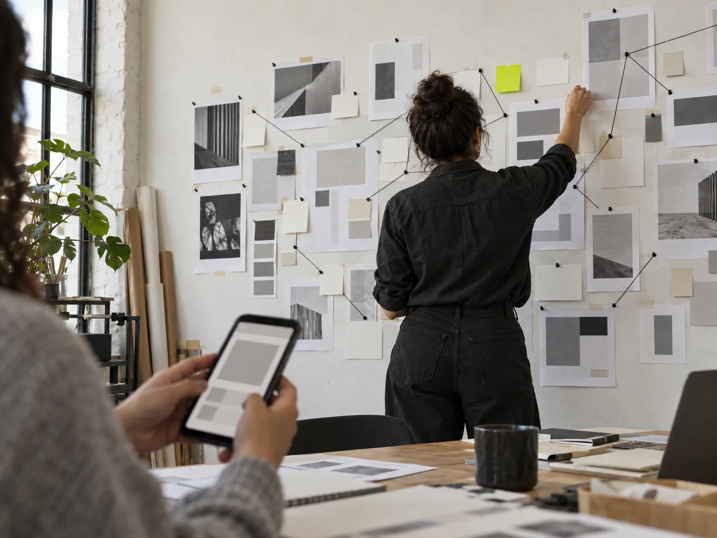 Strategist pinning campaign layouts to a planning wall while a colleague reviews a layout on a phone.