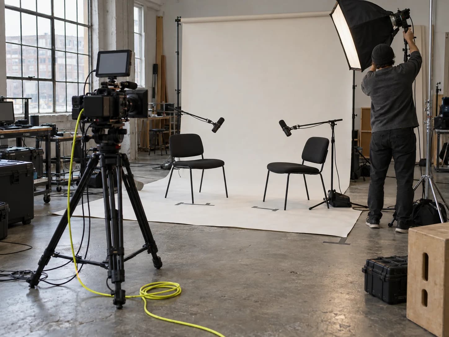 Video and podcast set with two chairs and microphones on a paper backdrop, a crew member adjusting the light.