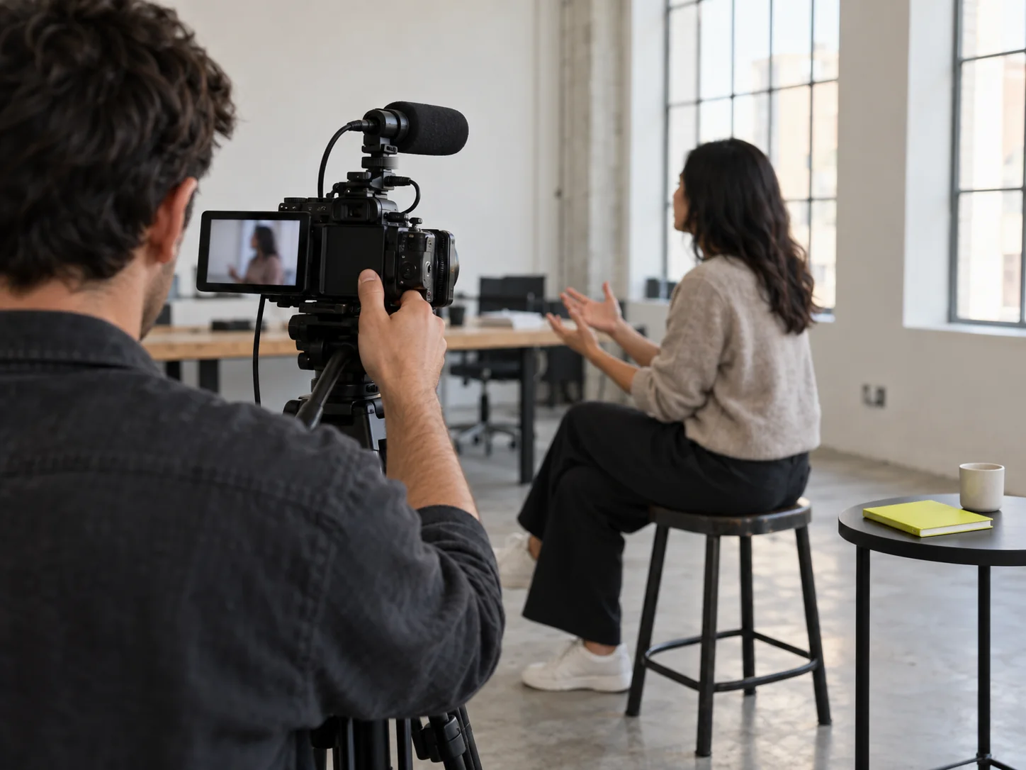 Camera operator filming a founder speaking from a stool in a bright studio.